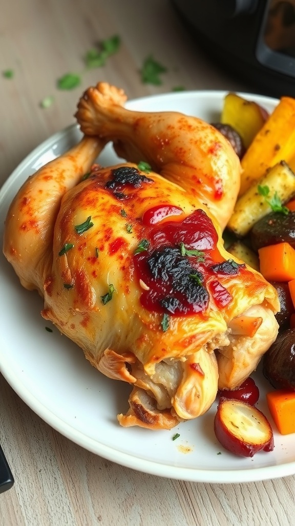 Crispy Air Fryer Baked Chicken Recipe Crispy air fryer baked chicken on a plate with herbs and roasted vegetables.